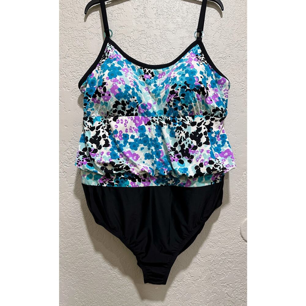 It Figures! Women’s One Piece Bathing Suit Size 24W Tummy Thiner Blue/Black